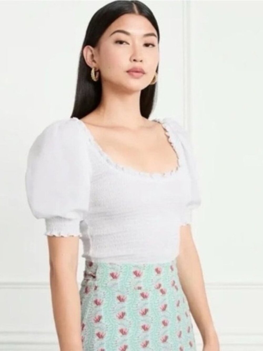 Hill House Aiko White Short Puff Sleeve Smocked Scoop Neck Blouse Top Womens XS